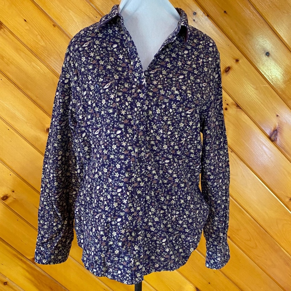 L.L. Bean Floral Bird Cotton Corduroy Button Down Shirt cottagecore Boho - Picture 2 of 7